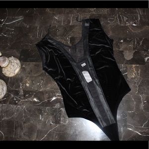 Plunging Neckline Black Velvet Leather Bodysuit